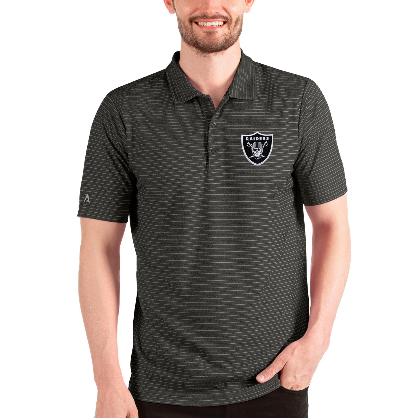 Men's Antigua Heathered Black/Silver Las Vegas Raiders Esteem Polo