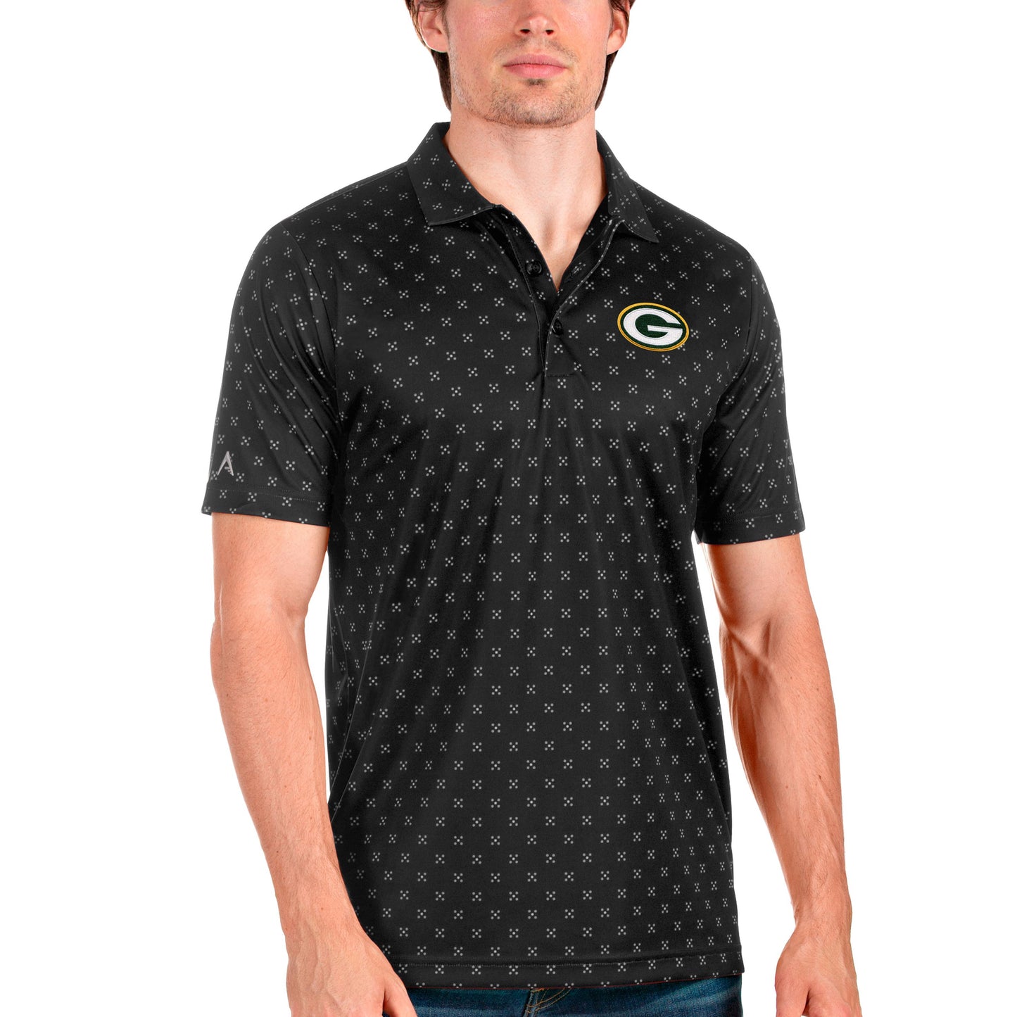 Men's Antigua Black Green Bay Packers Spark Polo