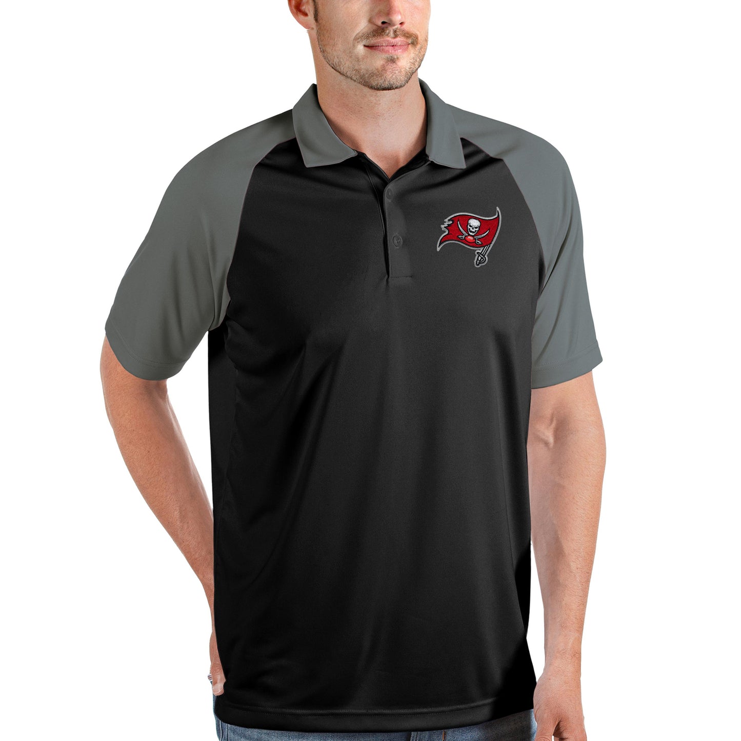 Men's Antigua Black/Steel Tampa Bay Buccaneers Nova Polo