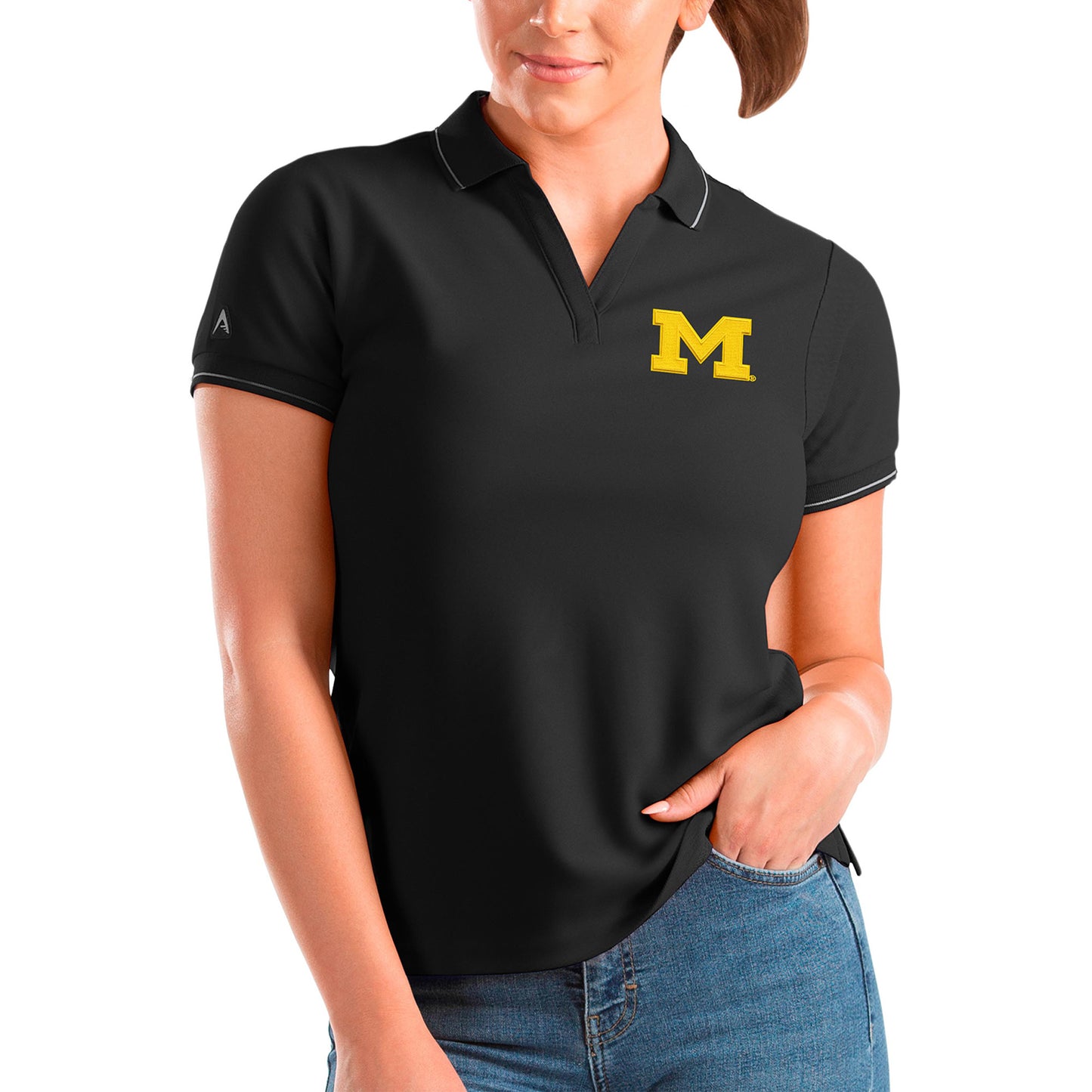 Women's Antigua Black Michigan Wolverines Affluent Polo