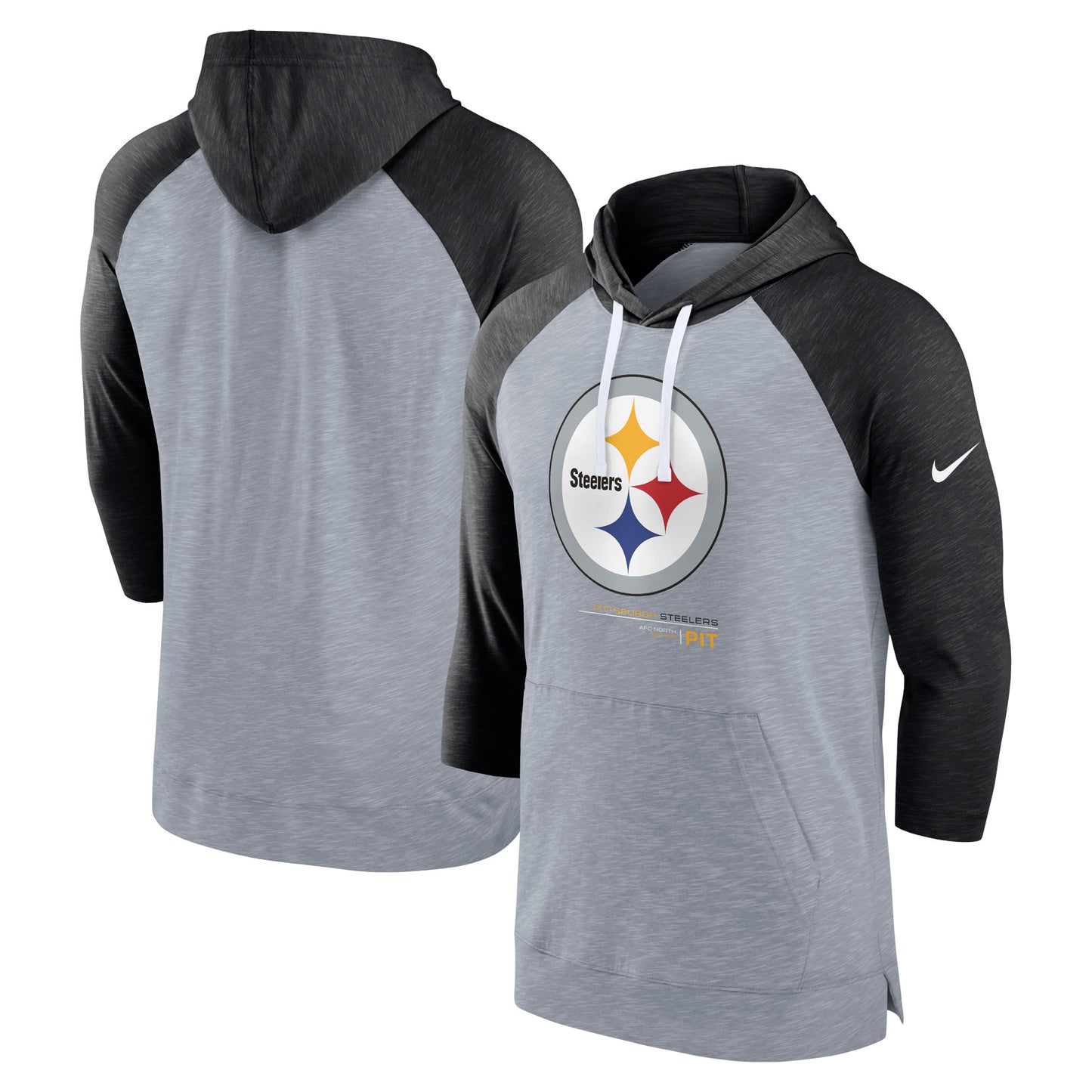 Men's Nike Heather Gray/Heather Black Pittsburgh Steelers Raglan 3/4-Sleeve Pullover Hoodie