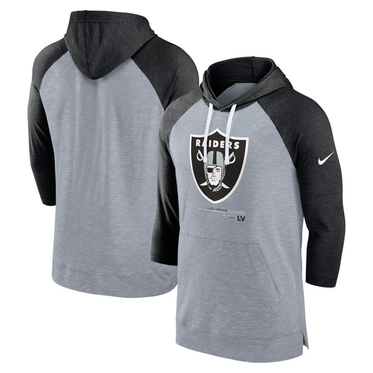 Men's Nike Heather Gray/Heather Black Las Vegas Raiders Raglan 3/4-Sleeve Pullover Hoodie