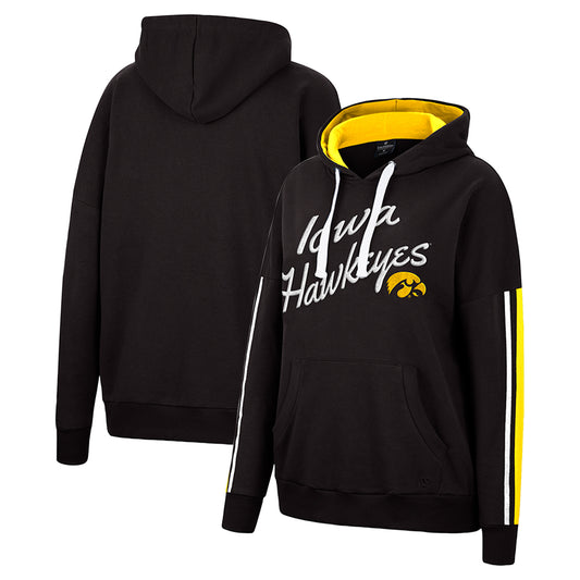 Women's Colosseum Black Iowa Hawkeyes Serena Oversized Sleeve Striping V-Neck Pullover Hoodie