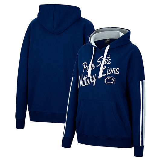 Women's Colosseum Navy Penn State Nittany Lions Serena Oversized Sleeve Striping Pullover Hoodie