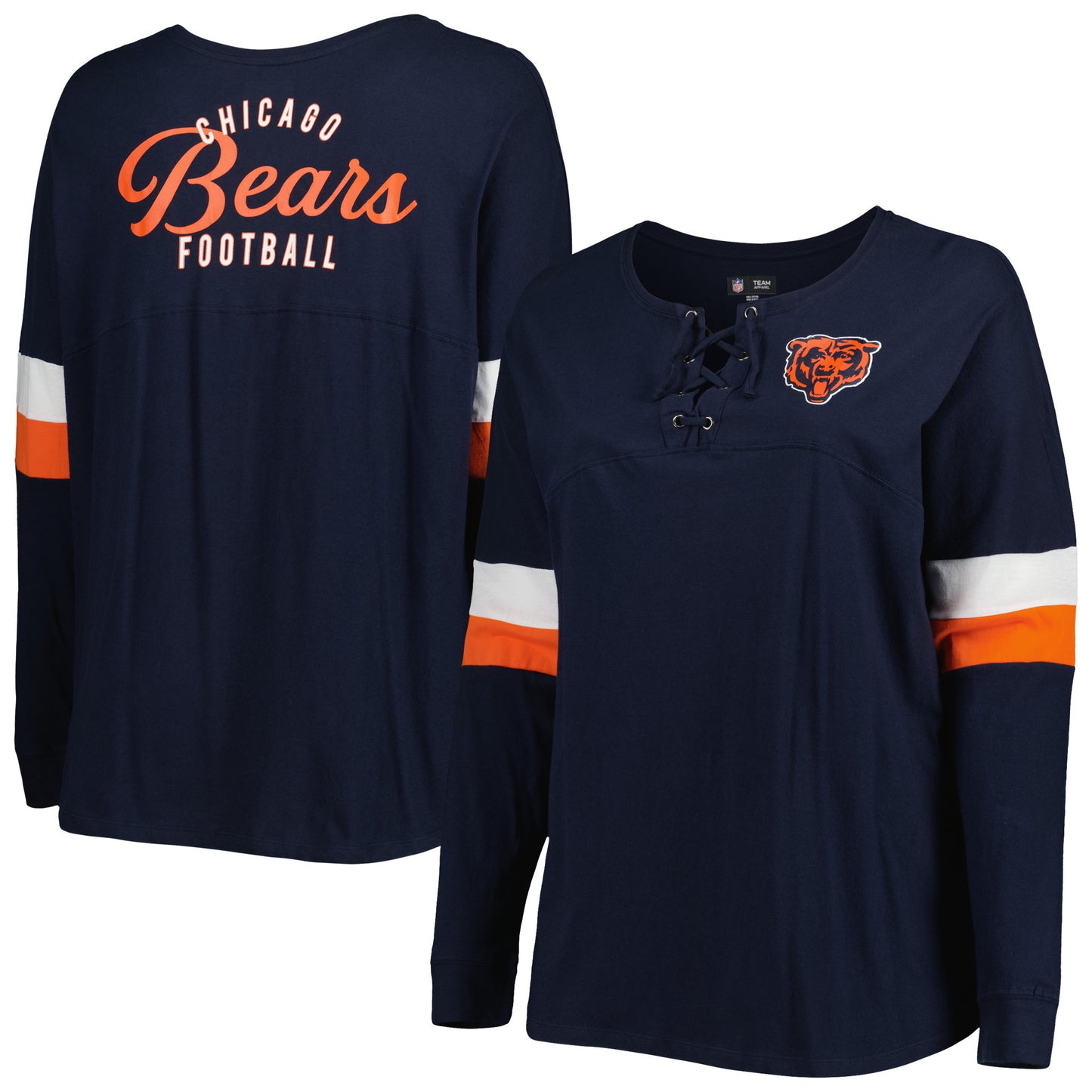 Women's New Era Navy Chicago Bears Plus Size Athletic Varsity Lace-Up V-Neck Long Sleeve T-Shirt