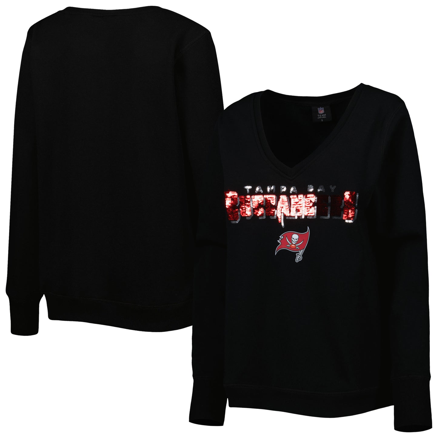 Women's Cuce Black Tampa Bay Buccaneers Sequin Logo V-Neck Pullover Sweatshirt