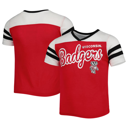 Girls Youth Colosseum Red Wisconsin Badgers Practically Perfect Striped T-Shirt