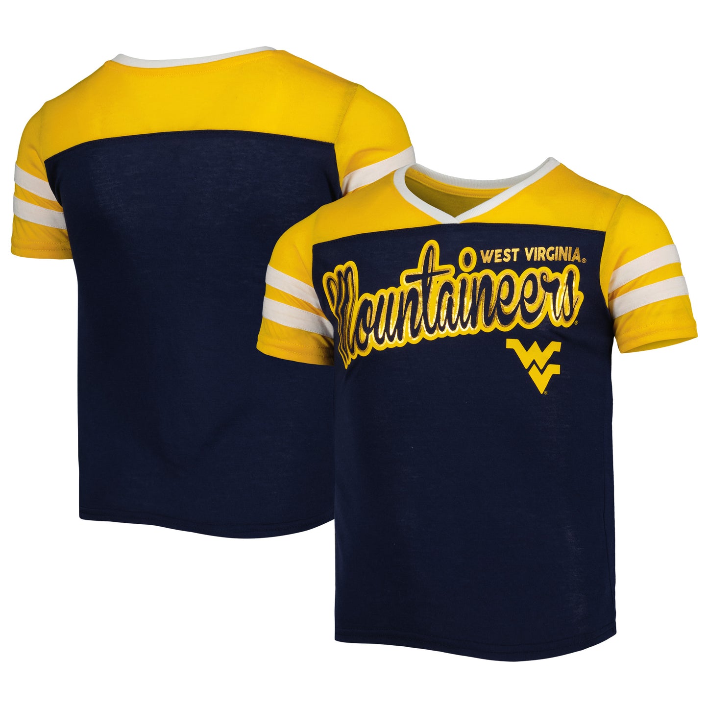 Girls Youth Colosseum Navy West Virginia Mountaineers Practically Perfect Striped T-Shirt