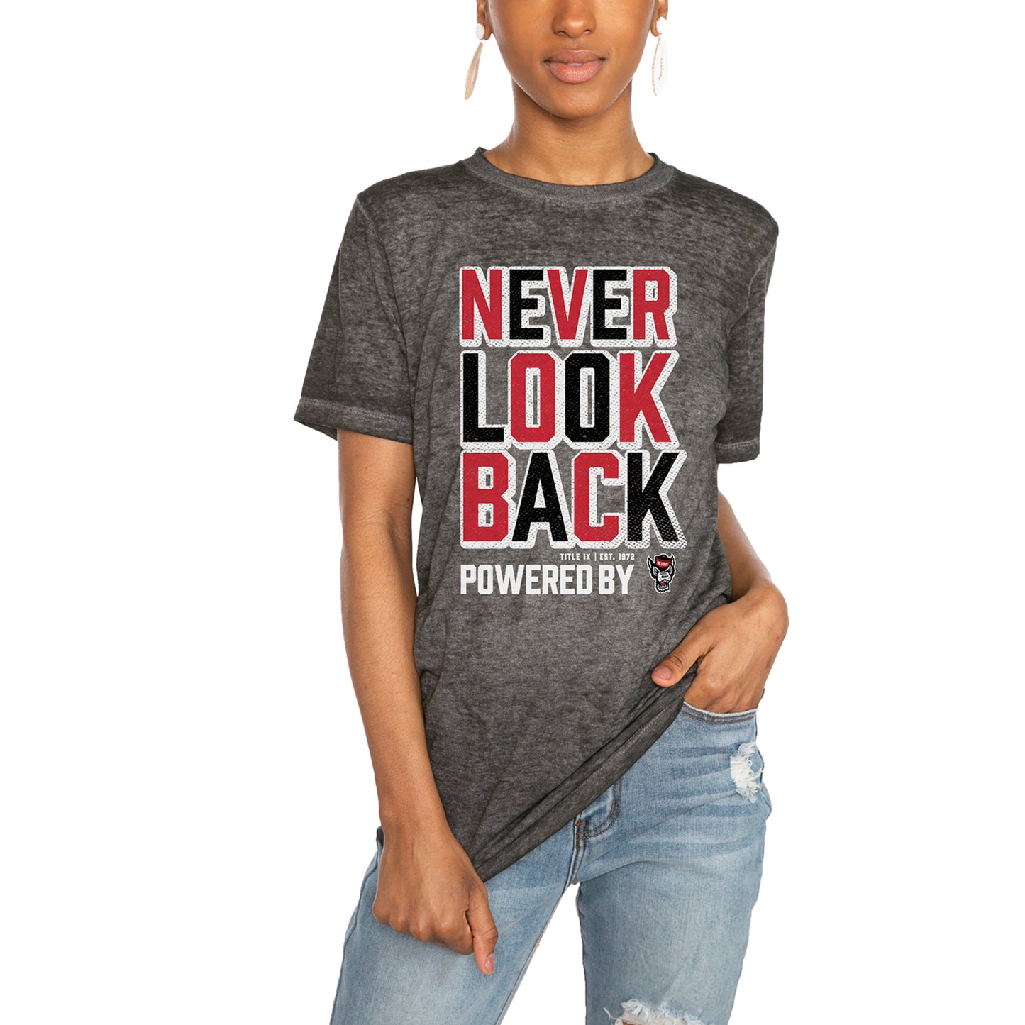 Women's Gameday Couture Charcoal NC State Wolfpack PoweredBy Never Look Back Acid Wash T-Shirt