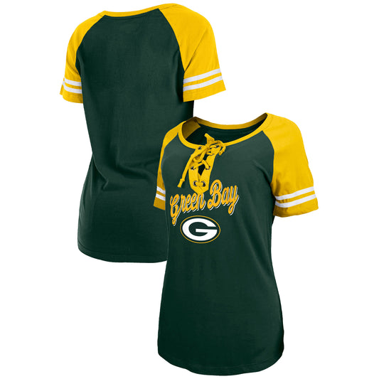 Women's New Era  Green/Gold Green Bay Packers Lightweight Lace-Up Raglan T-Shirt