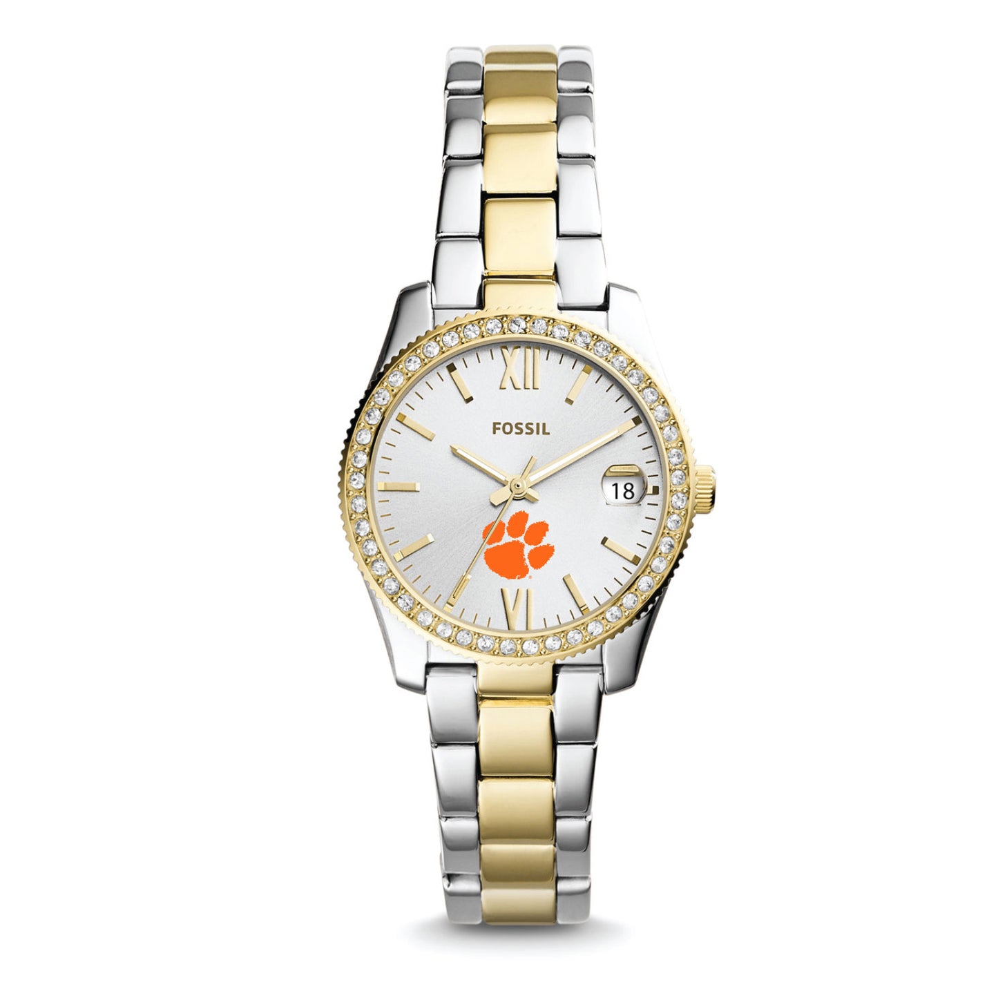 Women's Fossil Silver Clemson Tigers Personalized Scarlette Mini Two-Tone Stainless Steel Watch