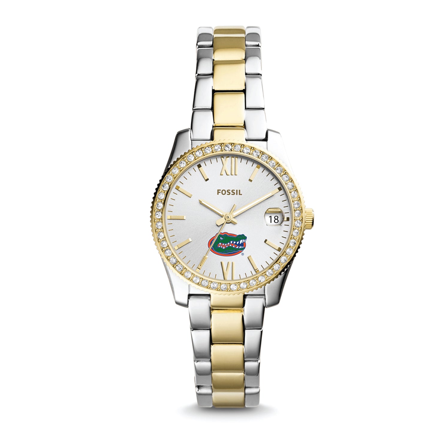 Women's Fossil Silver Florida Gators Personalized Scarlette Mini Two-Tone Stainless Steel Watch