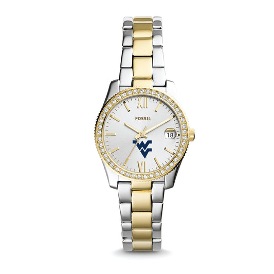 Women's Fossil Silver West Virginia Mountaineers Personalized Scarlette Mini Two-Tone Stainless Steel Watch