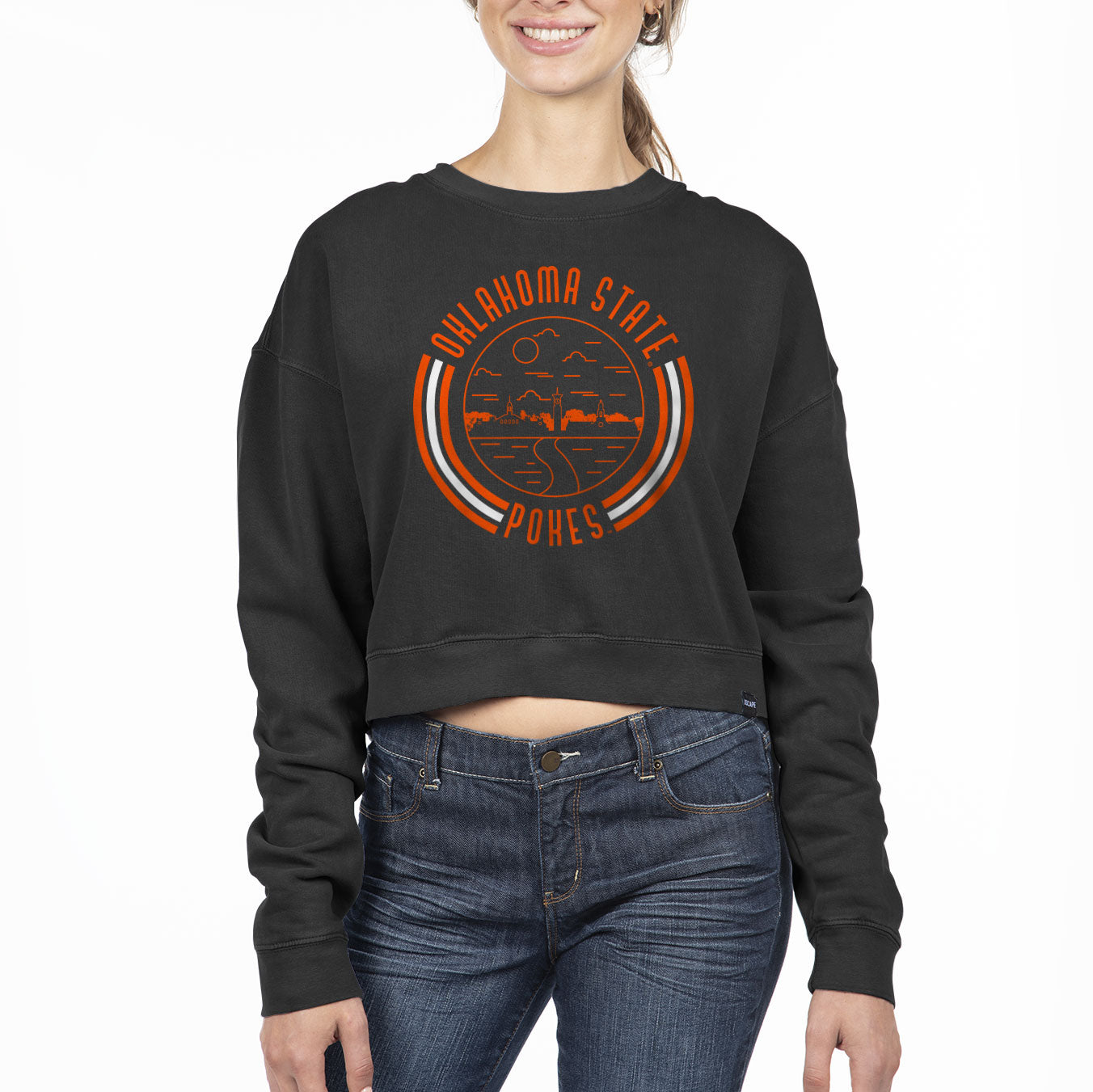 Women's Uscape Apparel Black Oklahoma State Cowboys Circle Scene Cropped Crewneck Sweatshirt