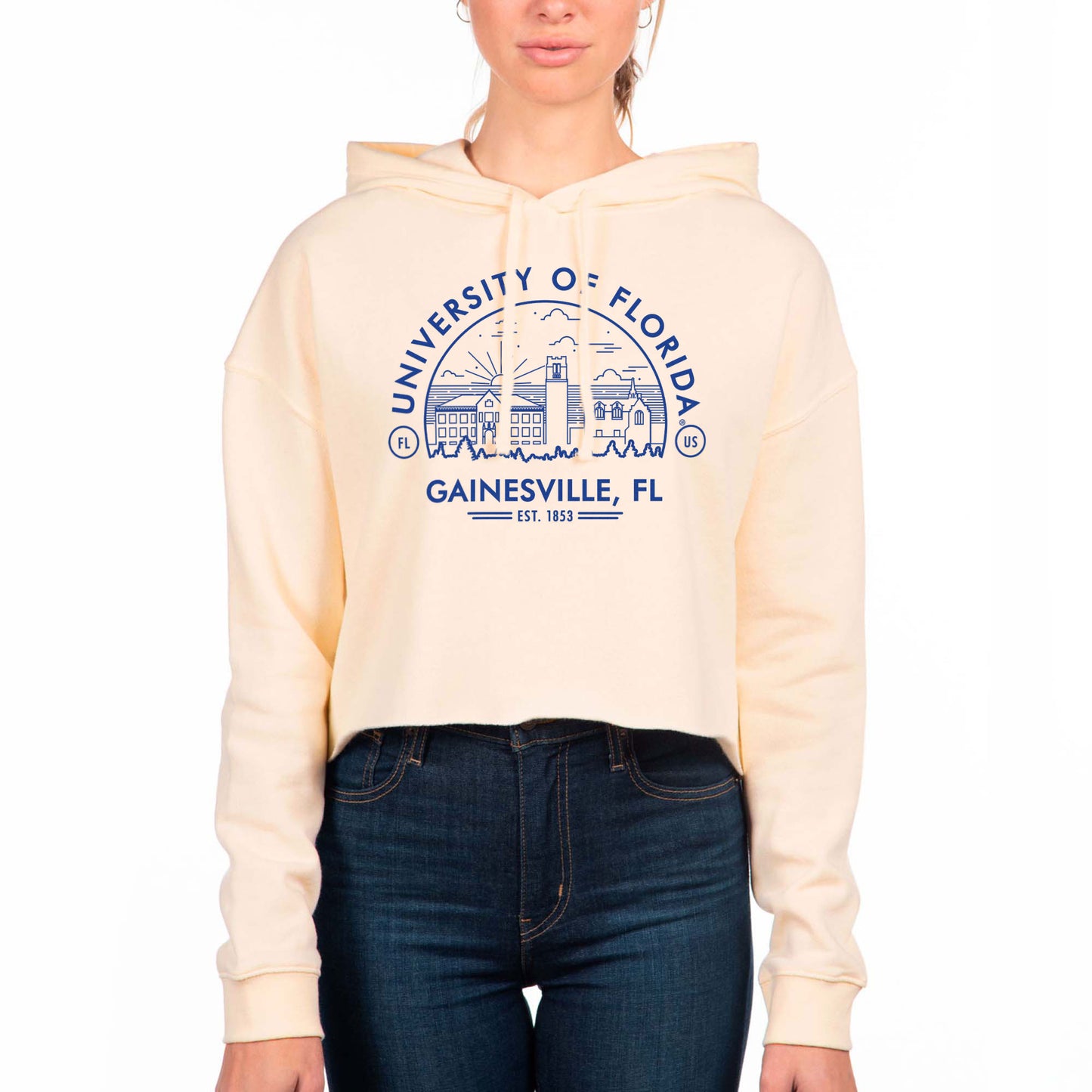 Women's Uscape Apparel Cream Florida Gators Circle Scene Raw Edge Cropped Pullover Hoodie