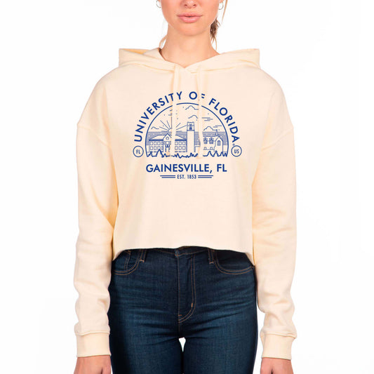 Women's Uscape Apparel Cream Florida Gators Circle Scene Raw Edge Cropped Pullover Hoodie