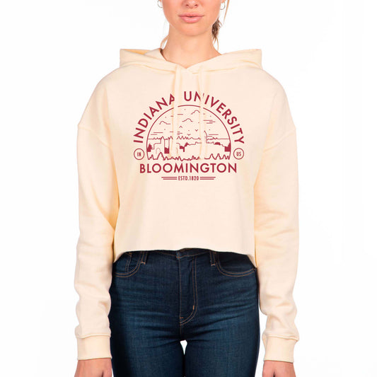 Women's Uscape Apparel Cream Indiana Hoosiers Circle Scene Raw Edge Cropped Pullover Hoodie