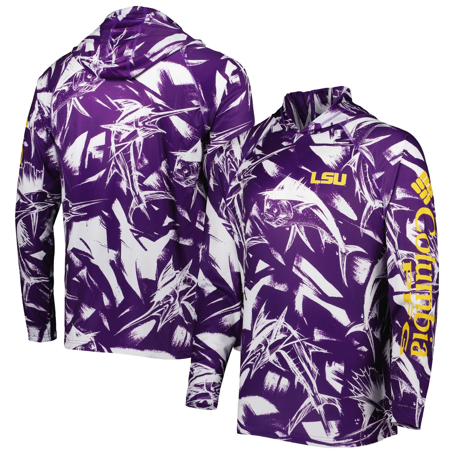 Men's Columbia Purple/White LSU Tigers Super Terminal Tackle Omni-Shade Raglan Long Sleeve Hoodie T-Shirt