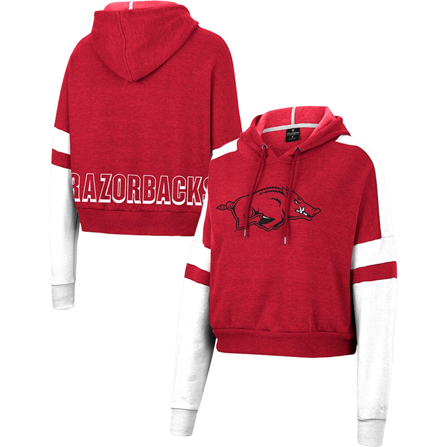 Women's Colosseum Cardinal Arkansas Razorbacks Throwback Stripe Arch Logo Cropped Pullover Hoodie