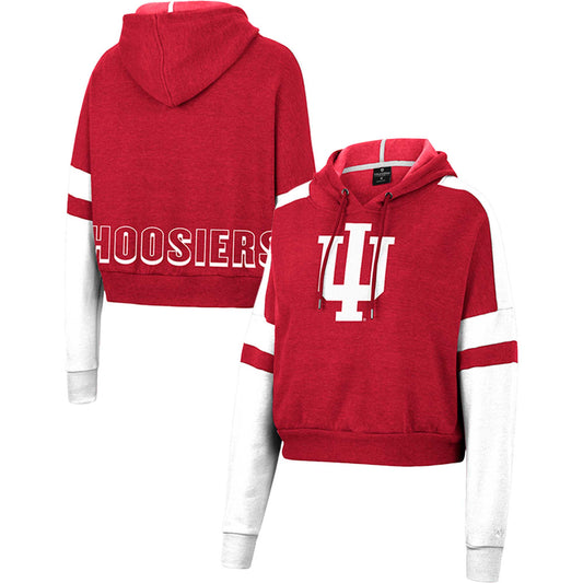 Women's Colosseum Heather Cardinal Indiana Hoosiers Throwback Stripe Arch Logo Cropped Pullover Hoodie