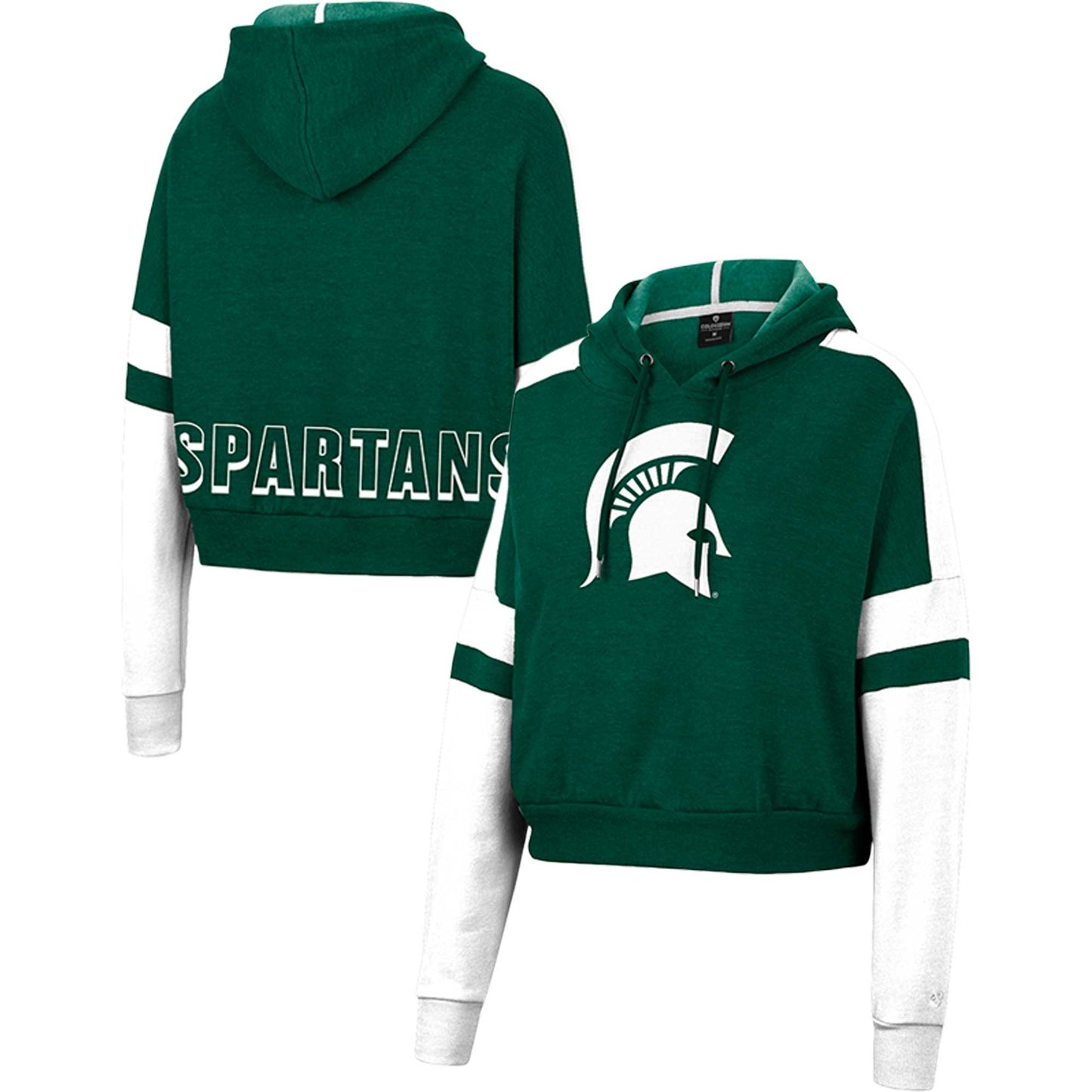 Women's Colosseum Heather Green Michigan State Spartans Throwback Stripe Arch Logo Cropped Pullover Hoodie