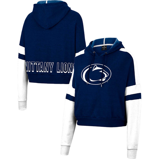 Women's Colosseum Heather Navy Penn State Nittany Lions Throwback Stripe Arch Logo Cropped Pullover Hoodie