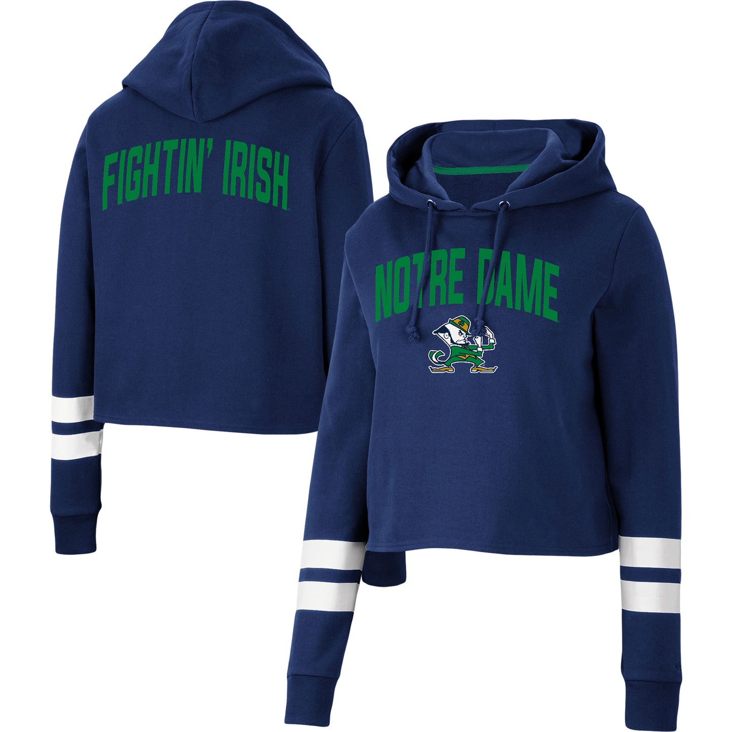 Women's Colosseum Navy Notre Dame Fighting Irish Throwback Stripe Cropped Pullover Hoodie