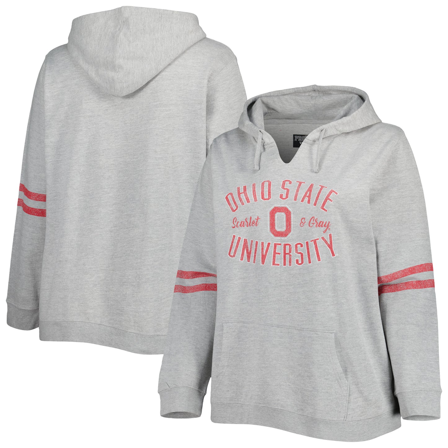 Women's Heather Gray/Scarlet Ohio State Buckeyes Plus Size Distressed Sleeve Stripe Pullover Hoodie