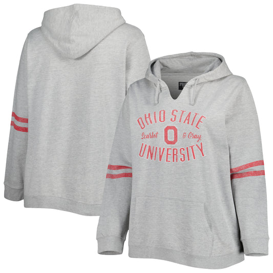 Women's Heather Gray/Scarlet Ohio State Buckeyes Plus Size Distressed Sleeve Stripe Pullover Hoodie