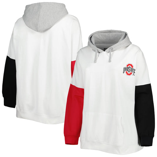 Women's White/Scarlet Ohio State Buckeyes Plus Size Contrast Dolman Sleeve Pullover Hoodie