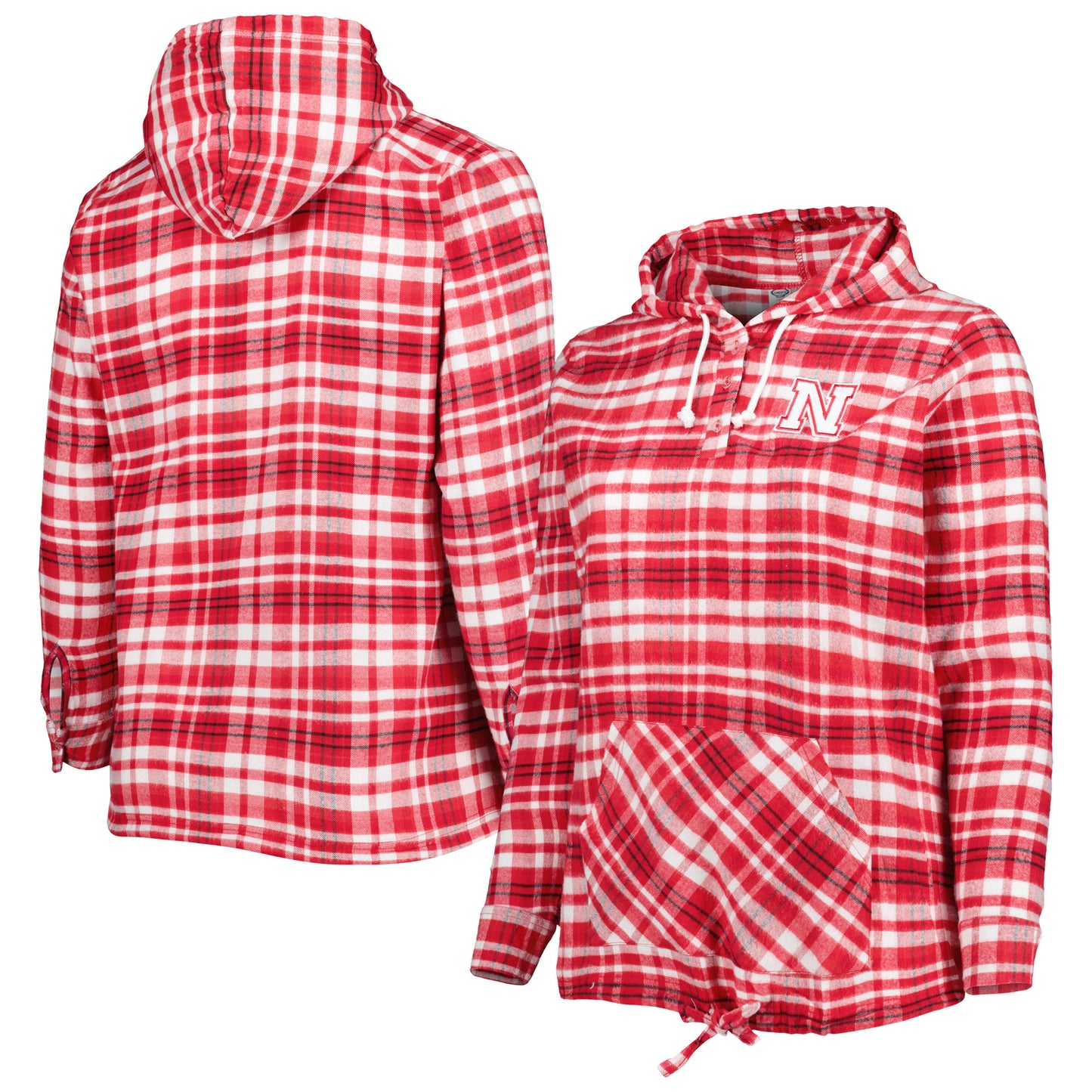 Women's Scarlet/Black Nebraska Huskers Plus Size Mainstay Plaid Lightweight Henley Hooded Top