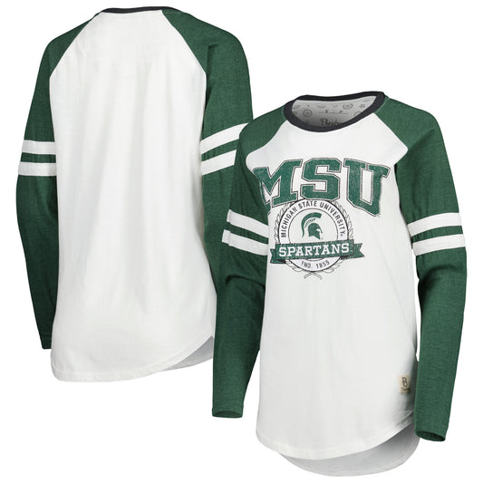 Women's Pressbox White/Green Michigan State Spartans Brooking Sleeve Stripe Raglan Long Sleeve T-Shirt