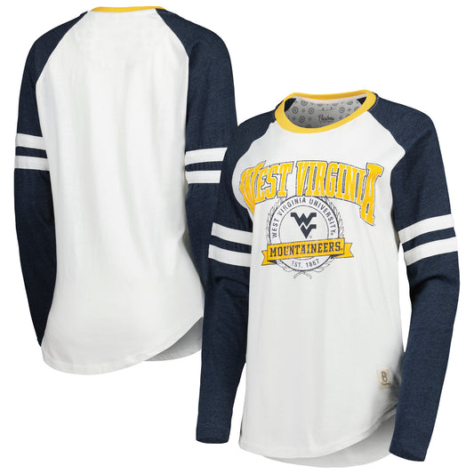 Women's Pressbox White/Navy West Virginia Mountaineers Brooking Sleeve Stripe Raglan Long Sleeve T-Shirt