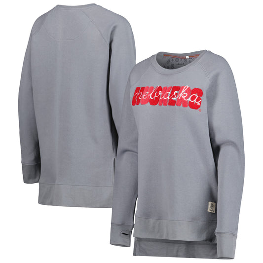 Women's Pressbox Gray Nebraska Huskers Pinehurst Chenille Raglan Pullover Sweatshirt