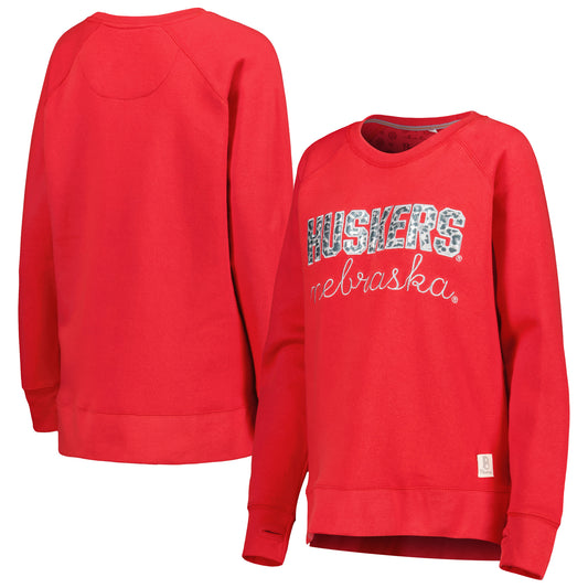 Women's Pressbox Scarlet Nebraska Huskers Steamboat Animal Print Raglan Pullover Sweatshirt