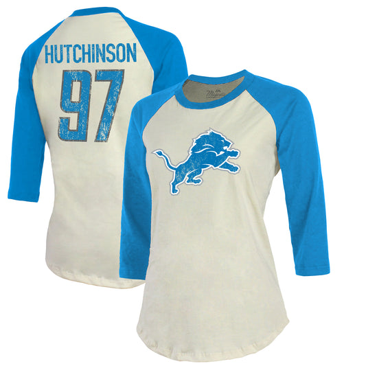 Women's Majestic Threads Aidan Hutchinson Cream/Blue Detroit Lions Player Raglan Name & Number Fitted 3/4-Sleeve T-Shirt