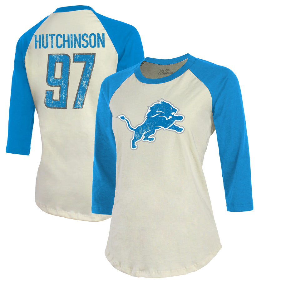 Women's Majestic Threads Aidan Hutchinson Cream/Blue Detroit Lions Player Raglan Name & Number Fitted 3/4-Sleeve T-Shirt