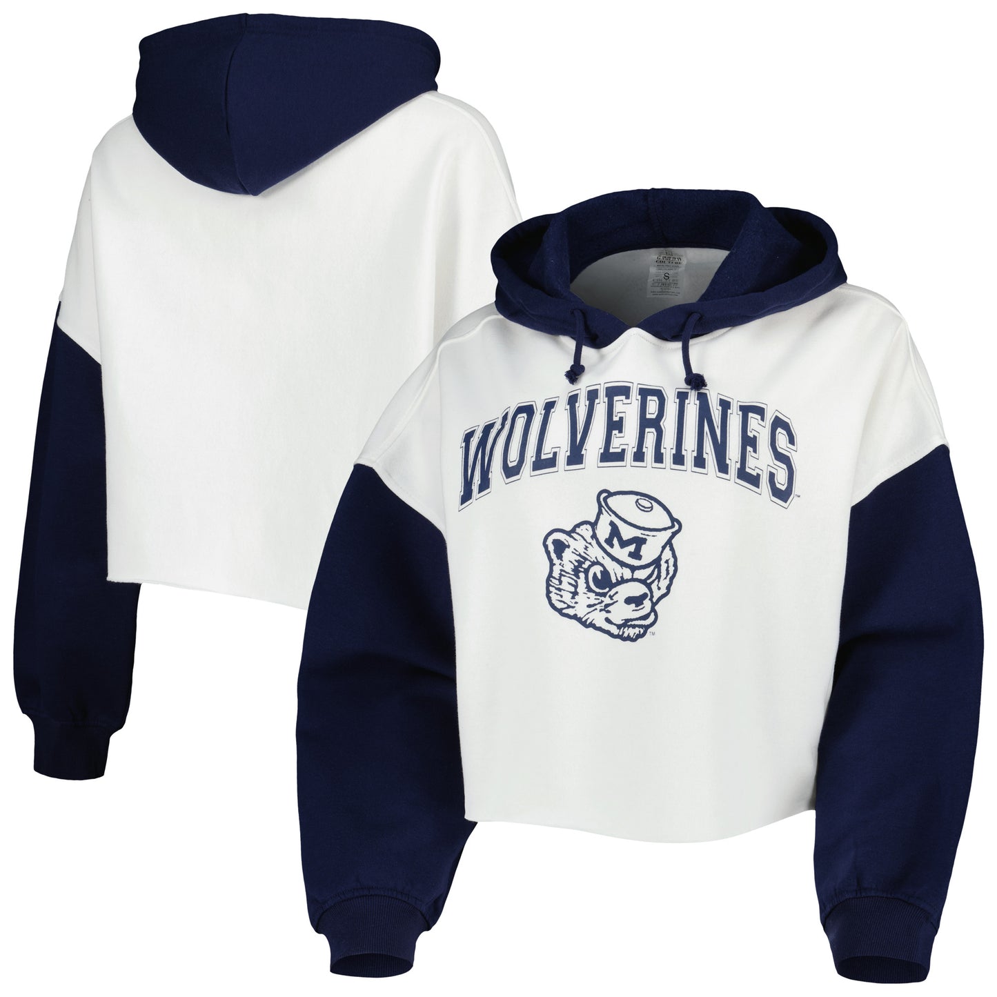 Women's Gameday Couture White/Navy Michigan Wolverines Good Time Color Block Cropped Hoodie