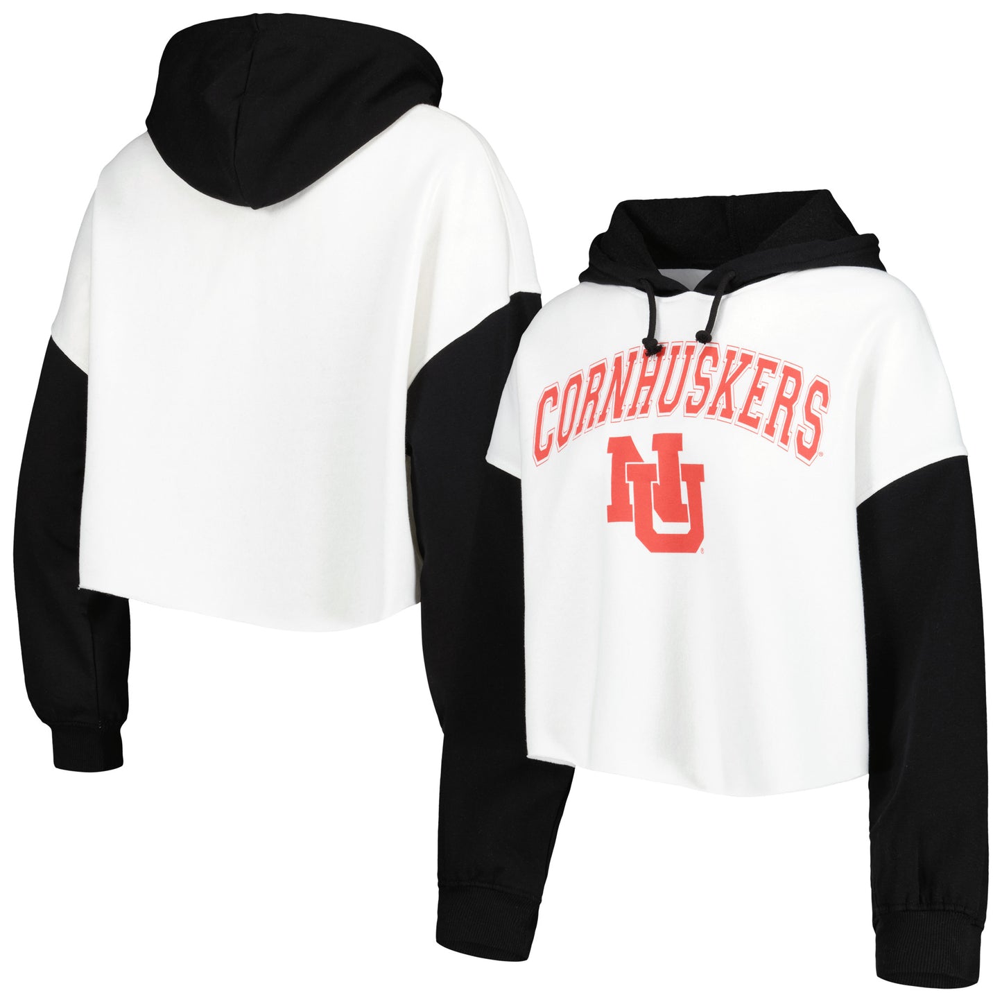 Women's Gameday Couture White/Black Nebraska Huskers Good Time Color Block Cropped Hoodie