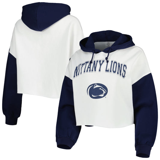 Women's Gameday Couture White/Navy Penn State Nittany Lions Good Time Color Block Cropped Hoodie