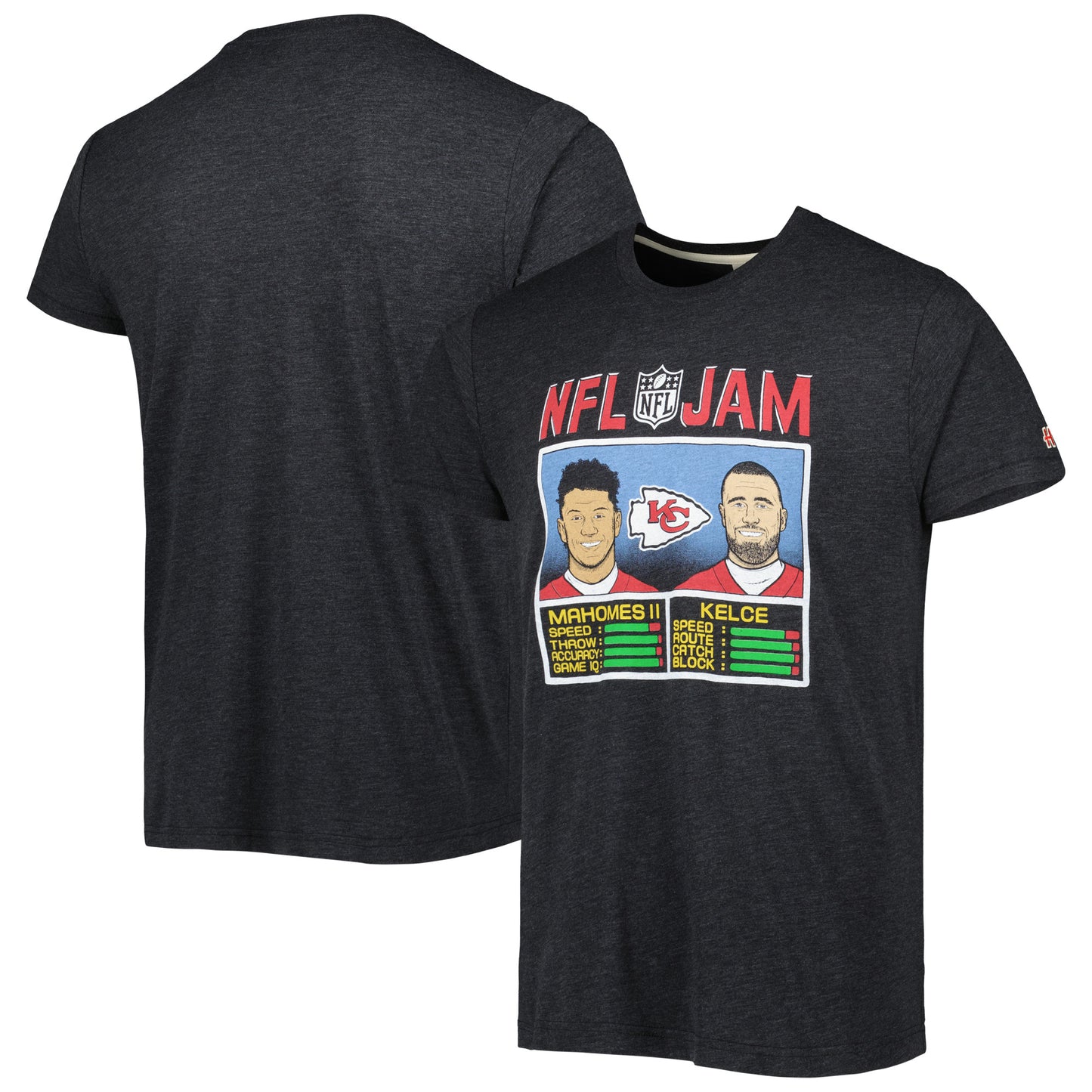 Men's Homage Patrick Mahomes & Travis Kelce Heather Black Kansas City Chiefs NFL Jam Tri-Blend T-Shirt