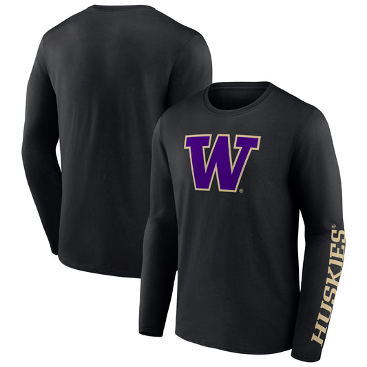 Men's Fanatics Black Washington Huskies Double Time 2-Hit Long Sleeve T-Shirt