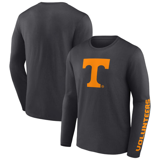 Men's Fanatics Heathered Charcoal Tennessee Volunteers Double Time 2-Hit Long Sleeve T-Shirt