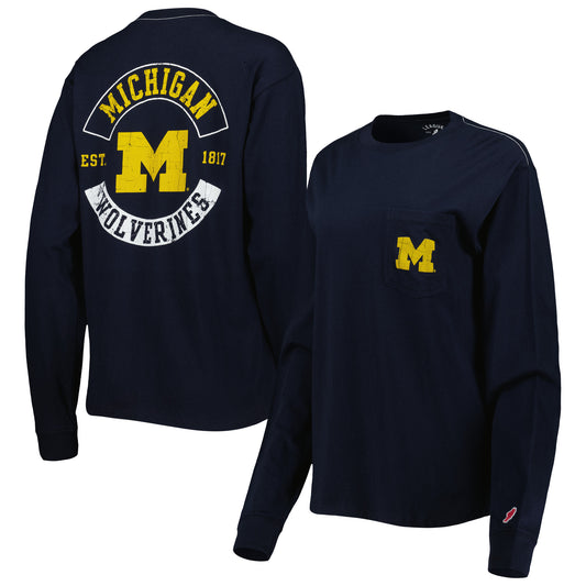 Women's League Collegiate Wear Navy Michigan Wolverines Oversized Pocket Long Sleeve T-Shirt