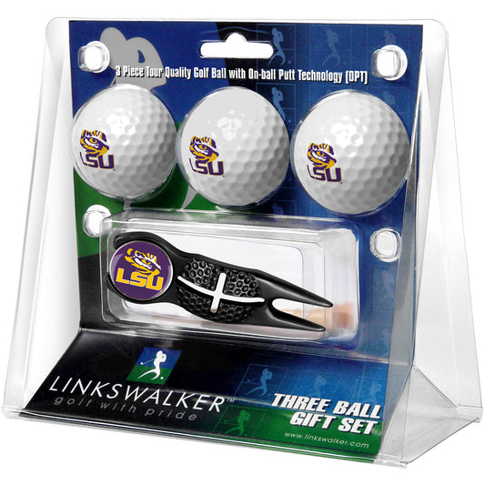LSU Tigers 3-Pack Golf Ball Gift Set with Black Crosshair Divot Tool