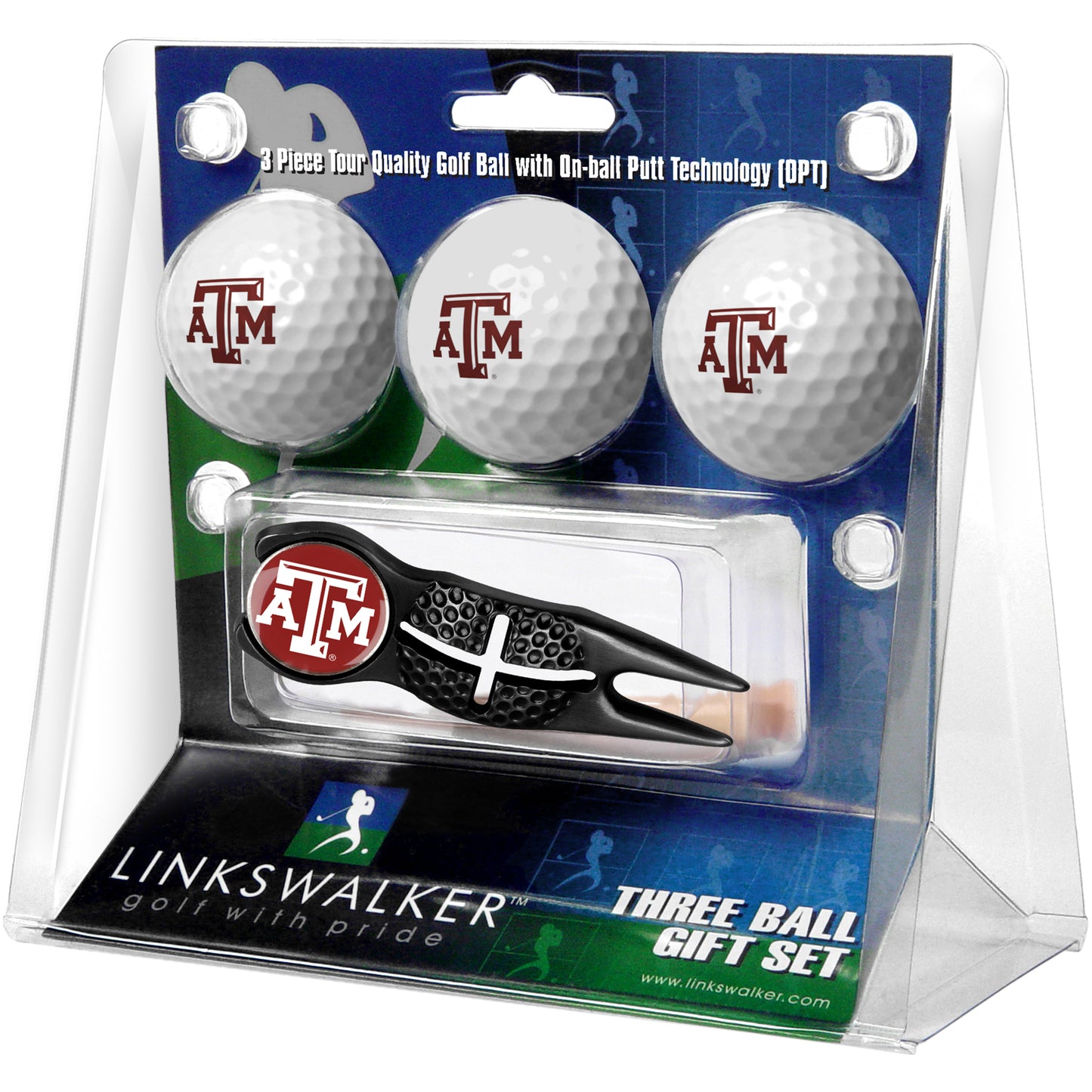 Texas A&M Aggies 3-Pack Golf Ball Gift Set with Black Crosshair Divot Tool