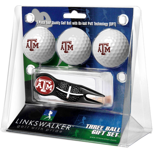 Texas A&M Aggies 3-Pack Golf Ball Gift Set with Black Crosshair Divot Tool