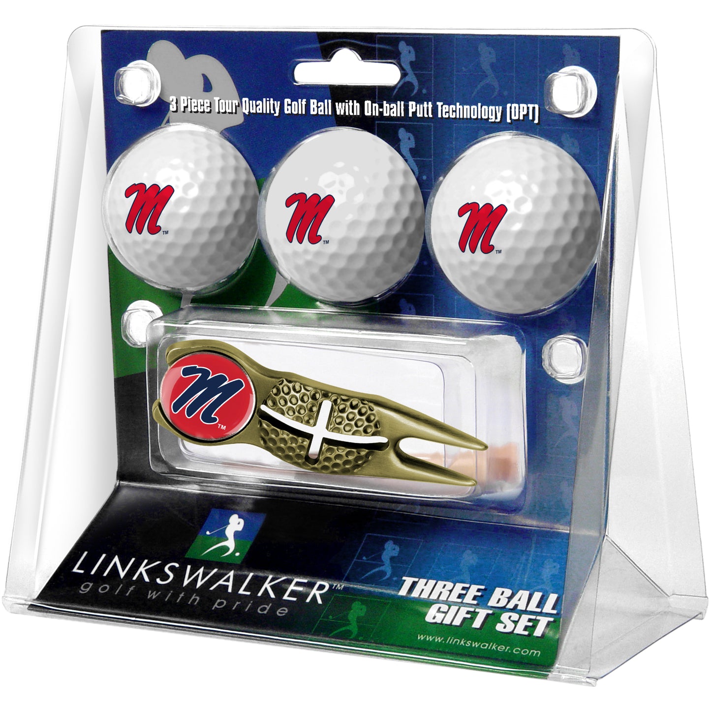 Ole Miss Rebels 3-Pack Golf Ball Gift Set with Gold Crosshair Divot Tool