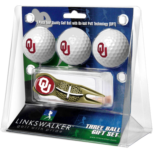 Oklahoma Sooners 3-Pack Golf Ball Gift Set with Gold Crosshair Divot Tool