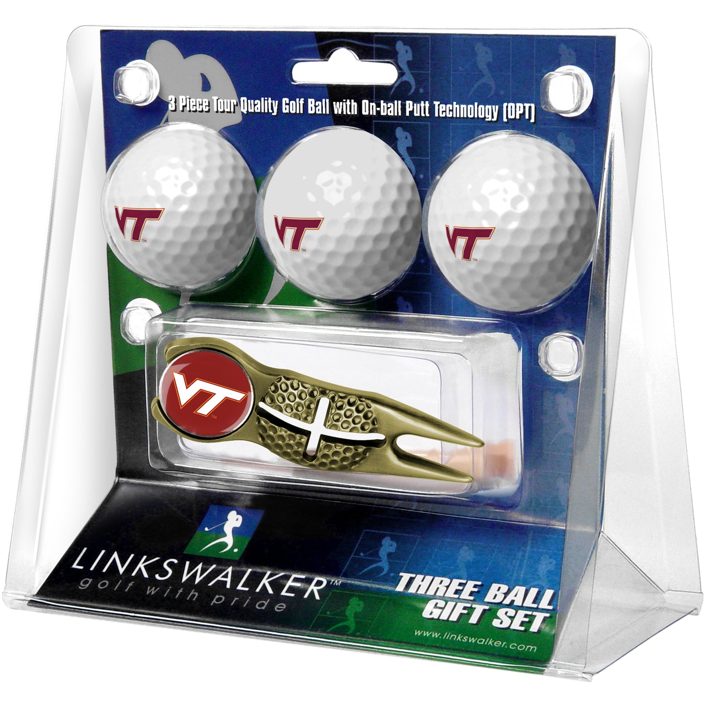 Virginia Tech Hokies 3-Pack Golf Ball Gift Set with Gold Crosshair Divot Tool